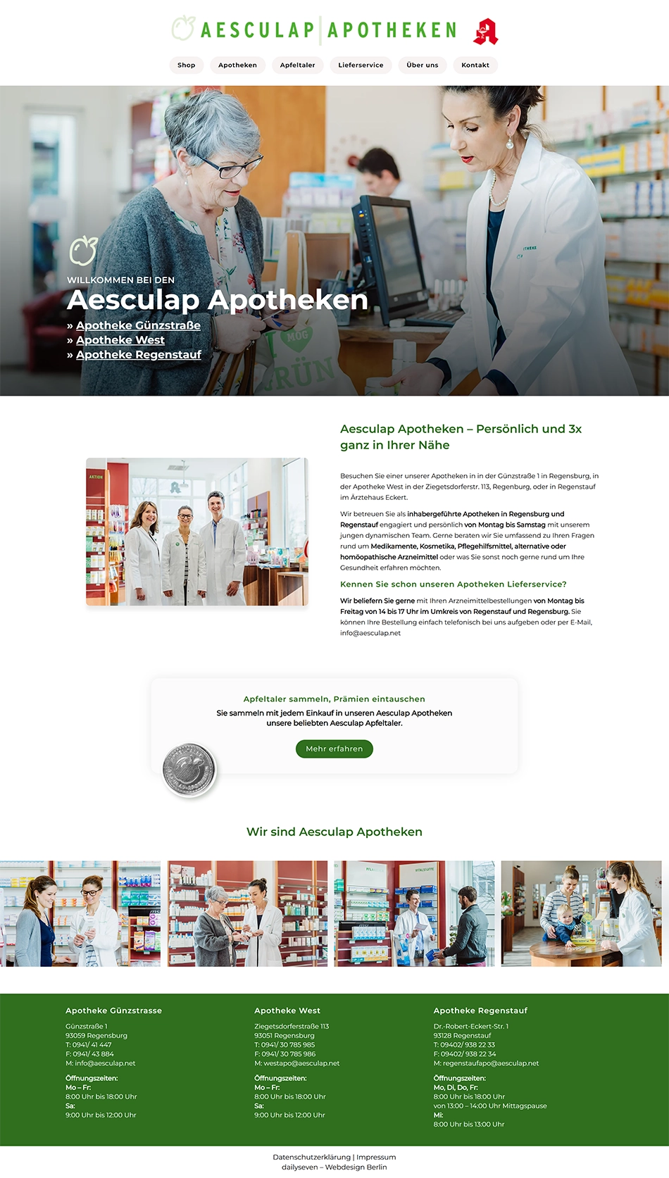 Startseite der Aesculap Apotheken mit drei Standorten in Regensburg und Regenstauf sowie Informationen zu Beratung und Lieferservice