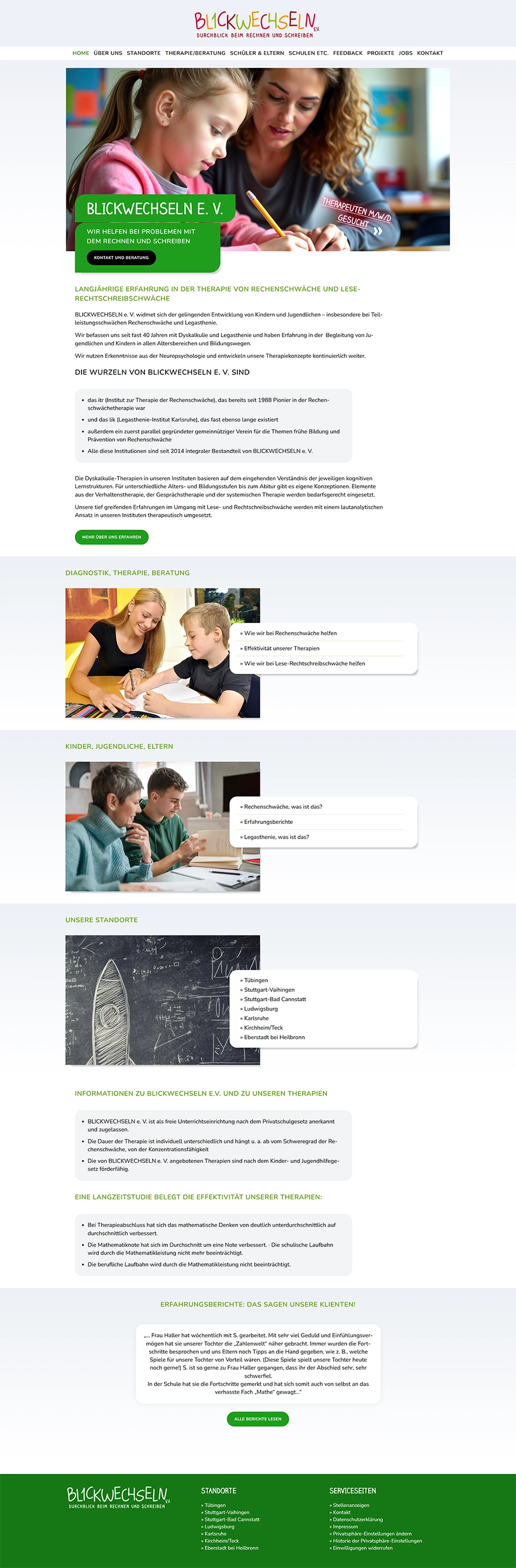 Startseite von BLICKWECHSELN e. V. mit Informationen zu Lerntherapie bei Rechenschwäche und Legasthenie sowie den Institutsstandorten
