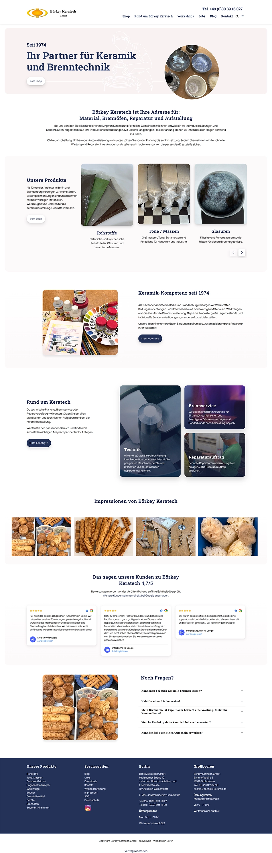 Startseite der Börkey Keratech GmbH mit Keramikprodukten, Brenntechnik, technischen Dienstleistungen und Shopzugang