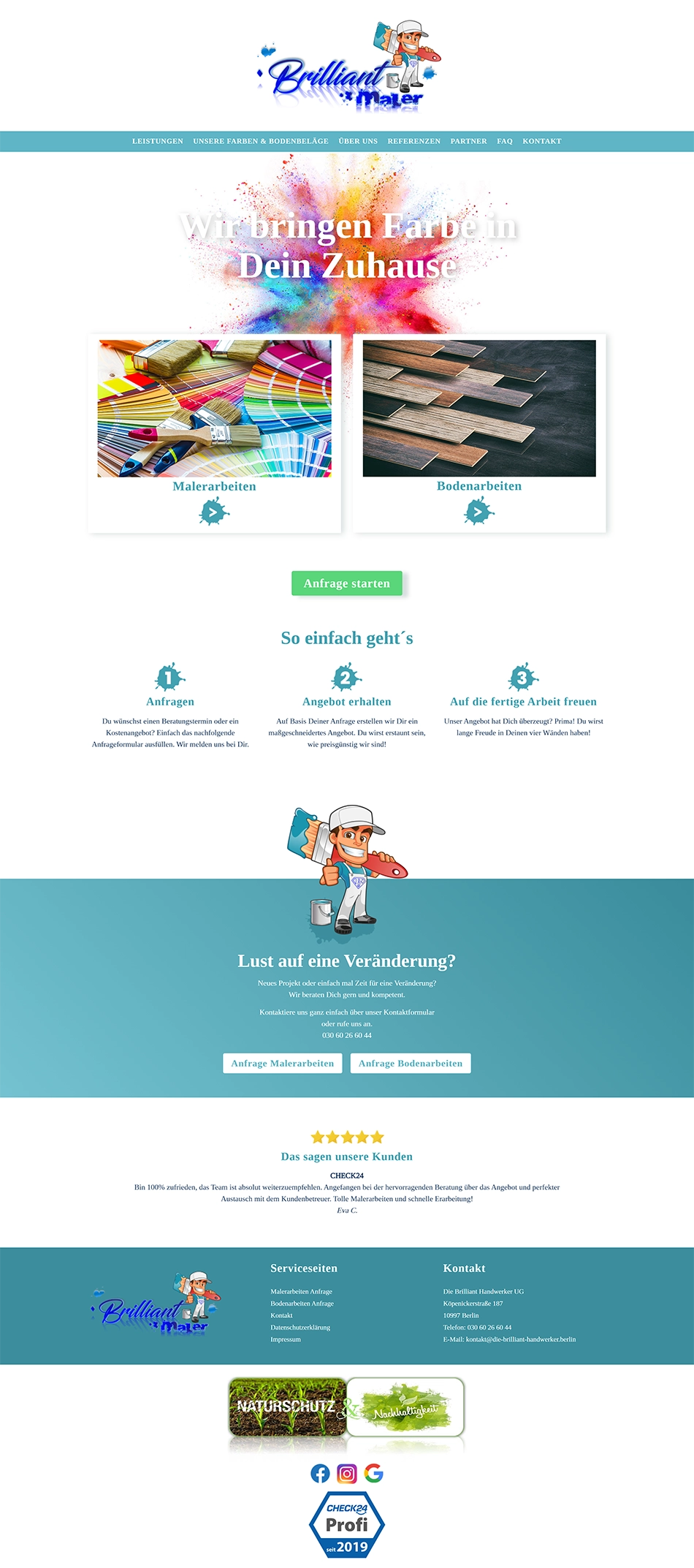 Startseite von Die Brilliant Handwerker mit Malerarbeiten, Bodenarbeiten, Ablauf der Projektanfrage und Kundenbewertungen