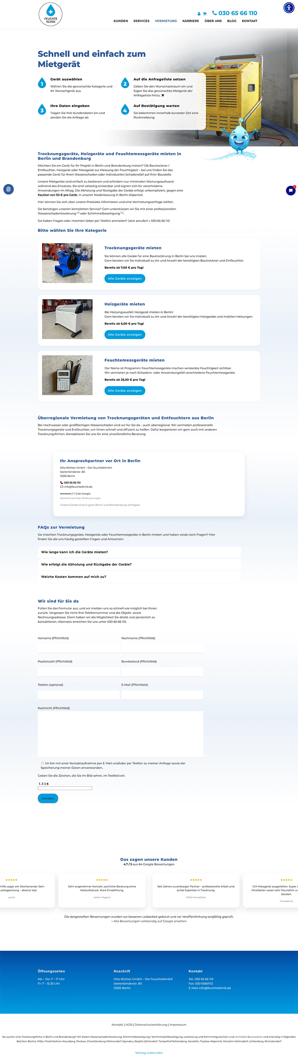 Vermietshop der Feuchteklinik mit Trocknungsgeräten, Geräteinformationen und Mietanfrage