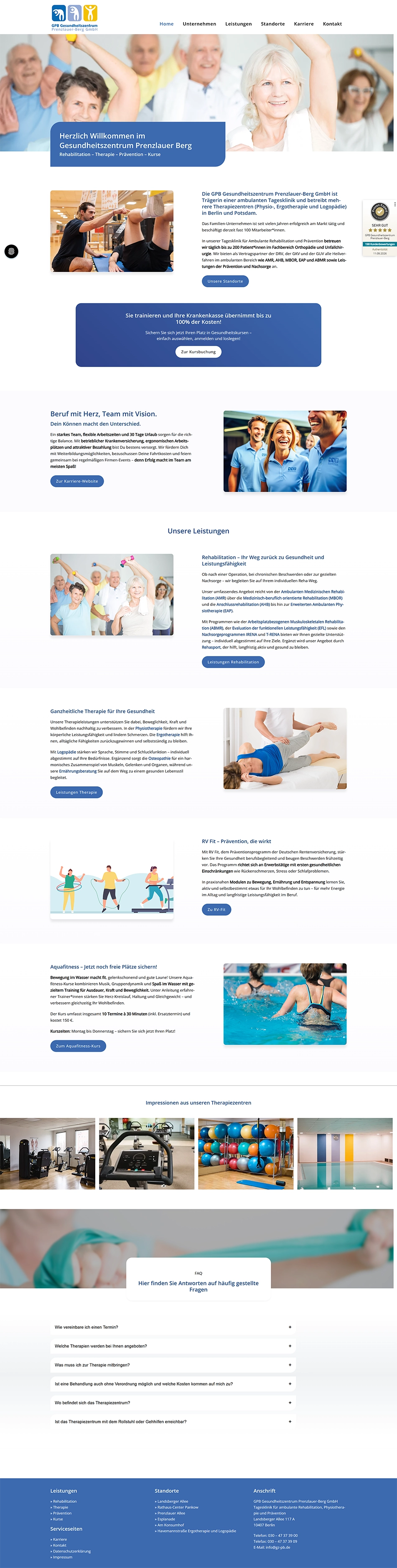 Startseite des Gesundheitszentrums Prenzlauer Berg mit Rehabilitation, Therapie, Prävention und Zugang zur Kursbuchung