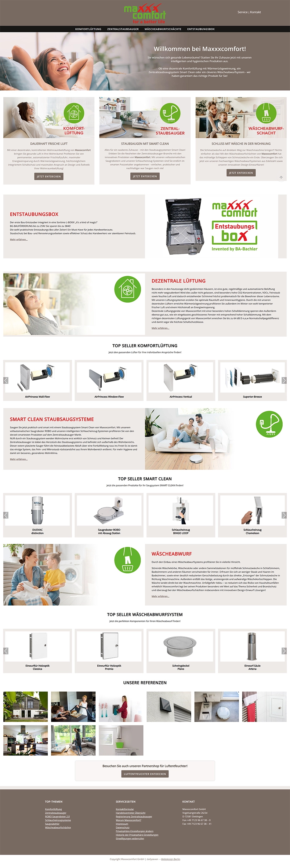 Startseite von Maxxxcomfort mit Zentralstaubsaugsystemen, Wohnraumlüftungen und Wäscheabwurfsystemen