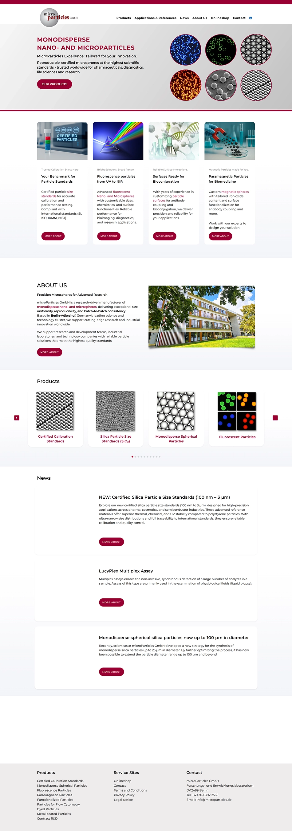 Startseite der microParticles GmbH mit Informationen zu Nano- und Mikropartikeln, Produktbereichen und dem Unternehmen