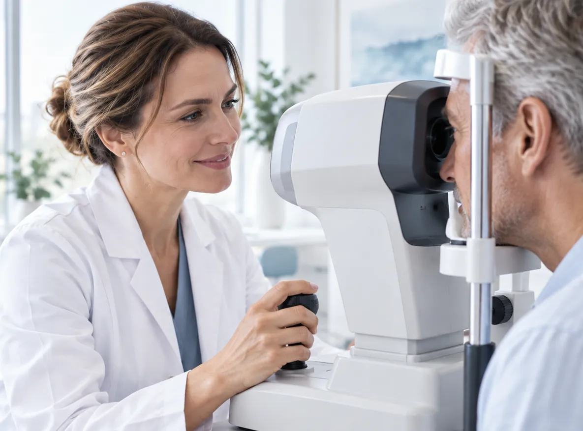 Fiktive Augenärztin Dr. med. Eva Mustermann bei einer Untersuchung